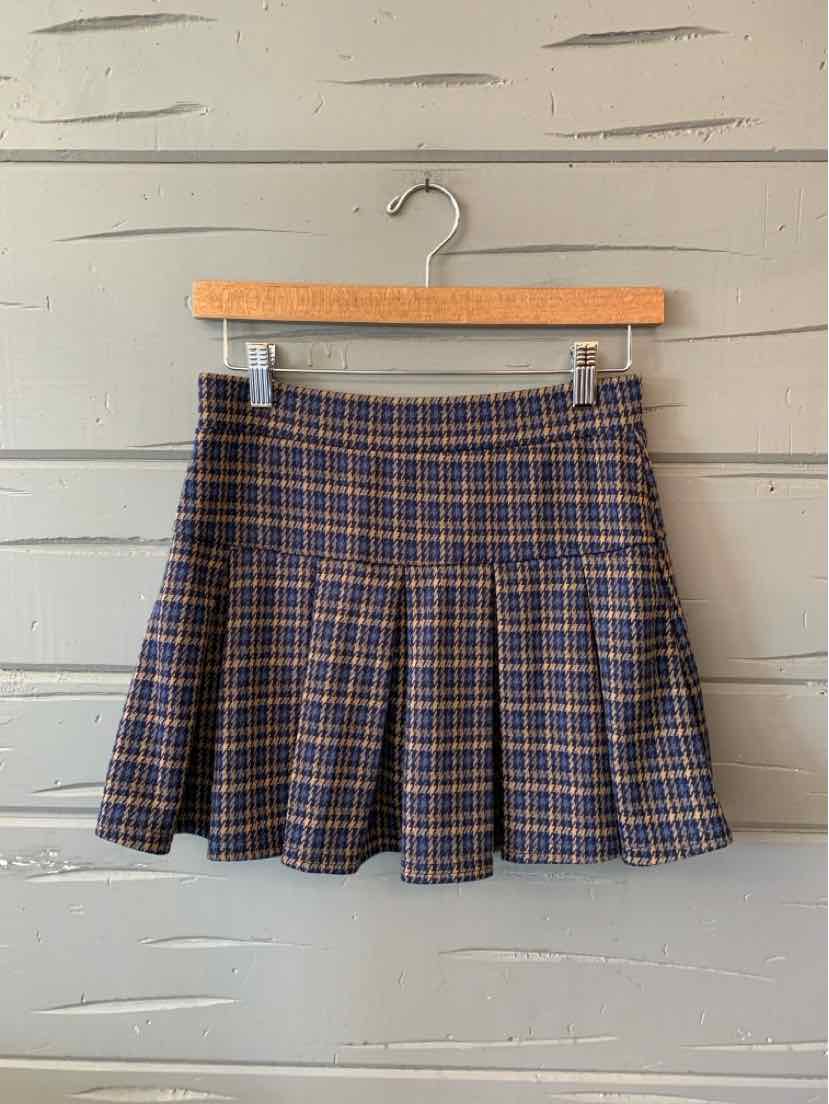 Blue and brown plaid pleated mini skirt with a fitted waistband, size XS.