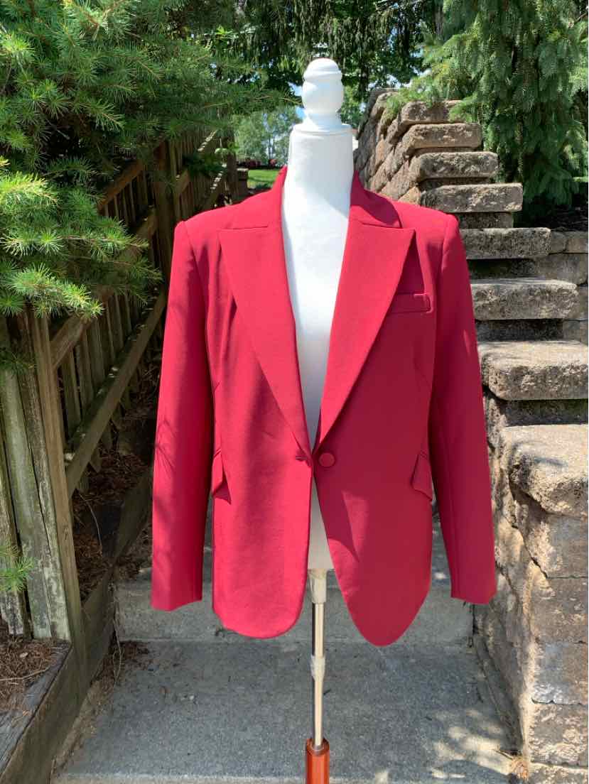 Red tailored blazer with notch lapels and single-button closure, size XL.