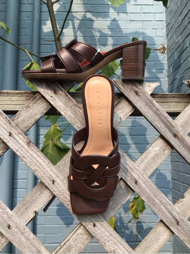 Brown leather women's mule sandals with block heels and woven strap design, size 6.