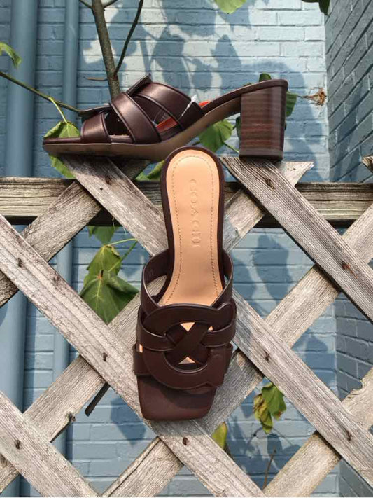 Brown leather women's mule sandals with block heels and woven strap design, size 6.
