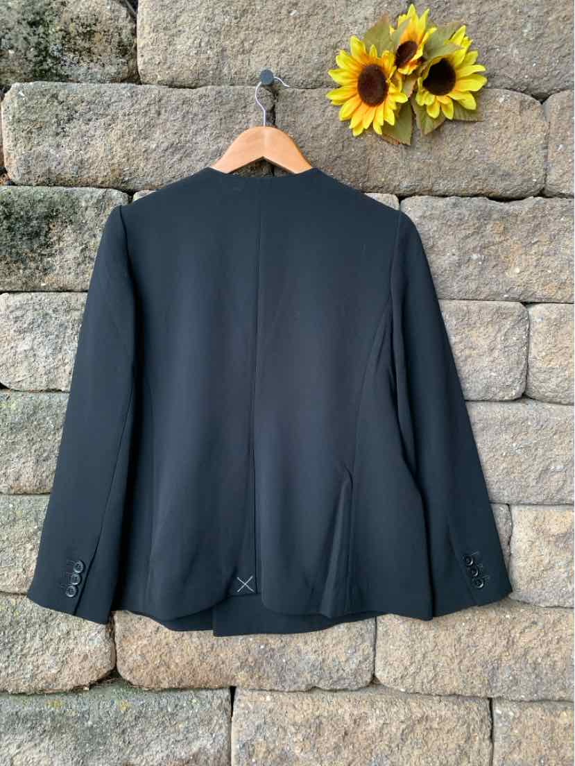 Black tailored women's blazer with long sleeves, single back vent, and button cuff details, size 12P.