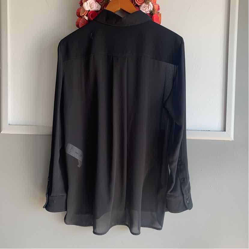 Black long-sleeve sheer blouse with buttoned cuffs and relaxed fit, size 10.