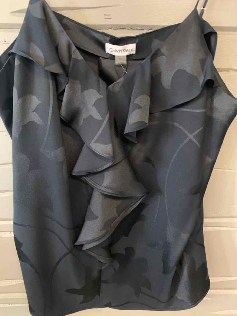 Black satin Calvin Klein blouse with floral print and ruffled neckline, size XL.