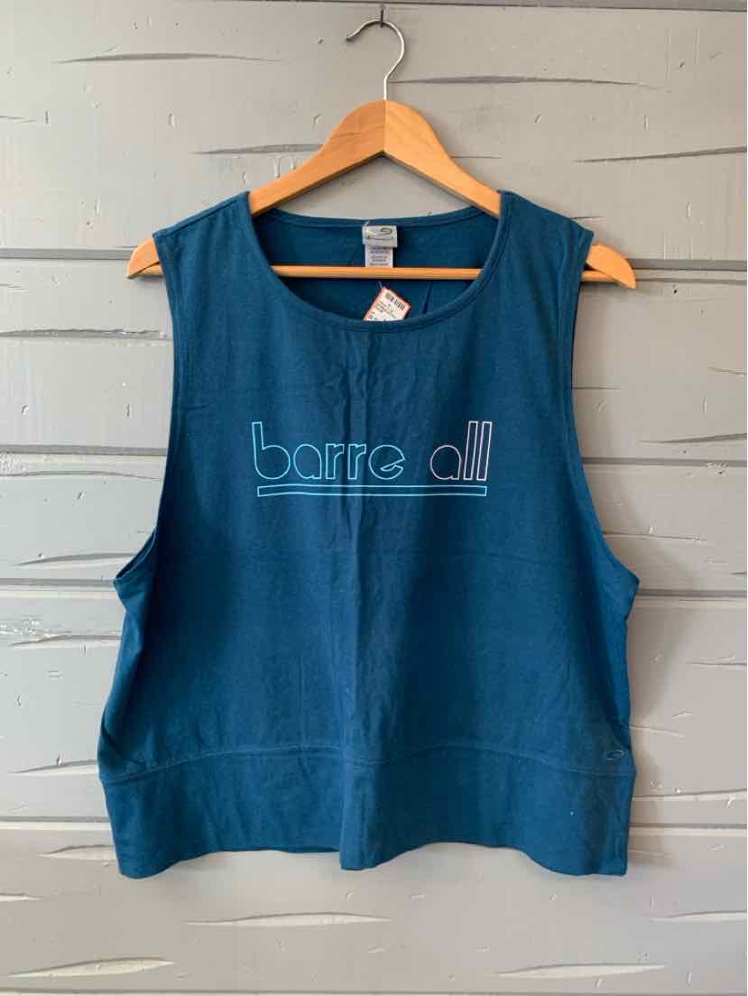 Teal sleeveless cropped sweatshirt with "barre all" graphic in light blue on front.