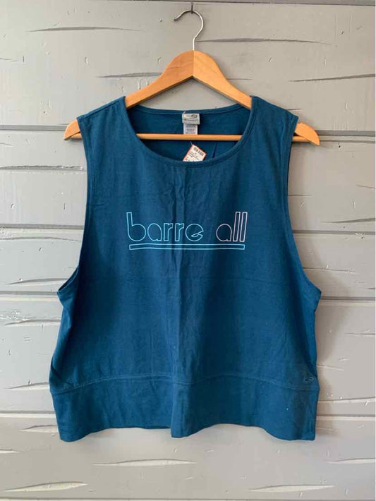 Teal sleeveless cropped sweatshirt with "barre all" graphic in light blue on front.
