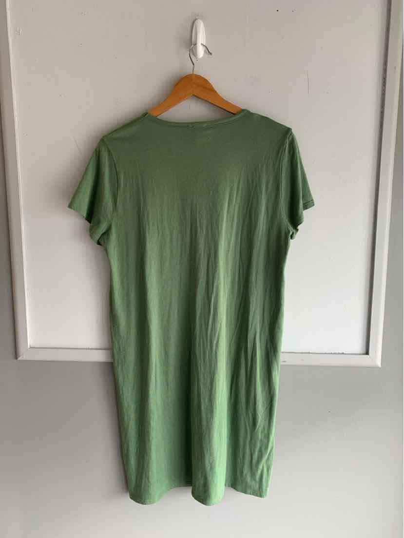 Green short-sleeve crew neck dress with a straight silhouette, medium size, hanging on wooden hanger.