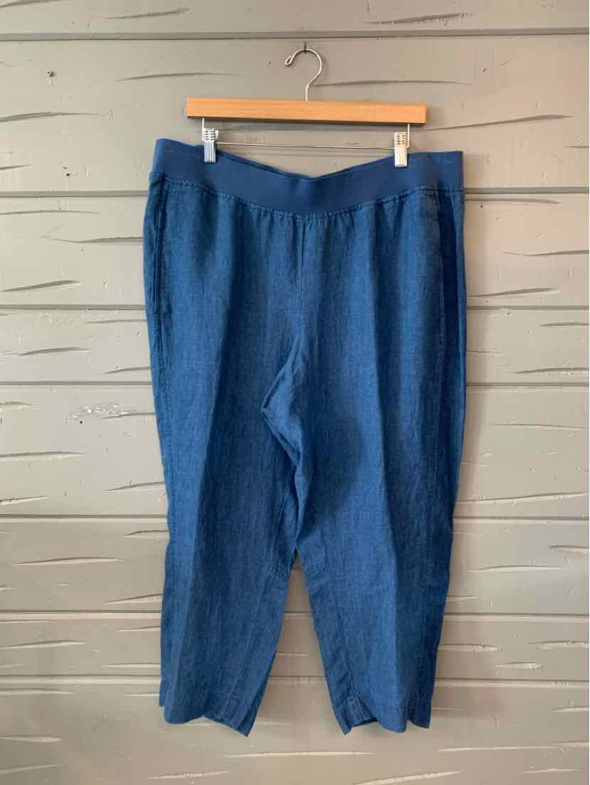 Blue linen-blend loose-fit pants with an elastic waistband and side pockets, size 2X.