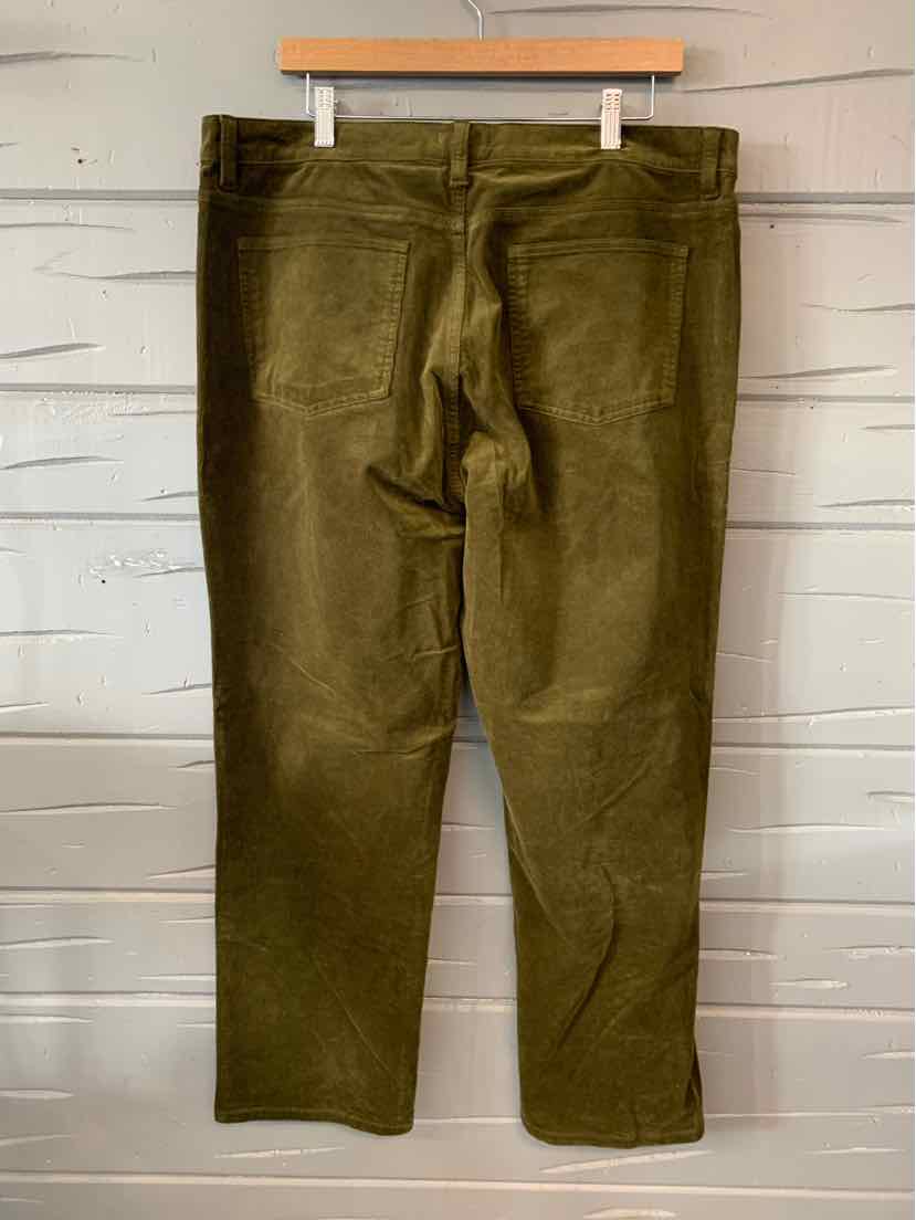 Olive green soft fabric pants with straight legs, back pockets, and a relaxed fit in XL size.
