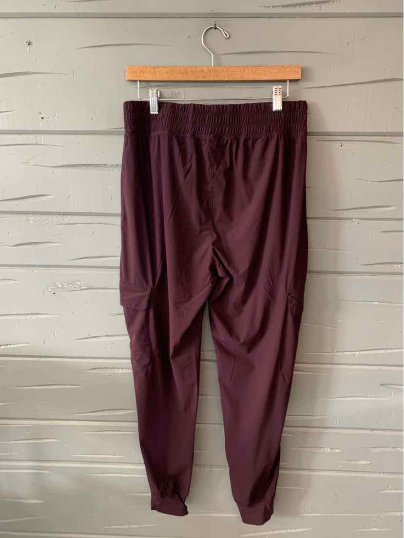 Dark burgundy jogger pants with elastic waistband and cuffed ankles hanging on wooden hanger.