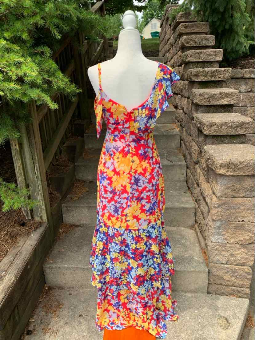 Colorful floral maxi dress with tiered ruffles, adjustable thin straps, and a deep V-back design.