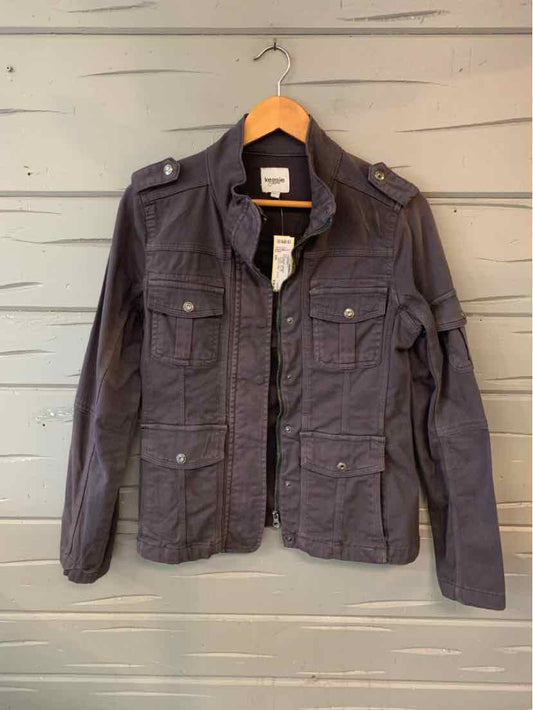 Gray lightweight utility jacket with front zipper, buttoned chest pockets, and shoulder epaulets.