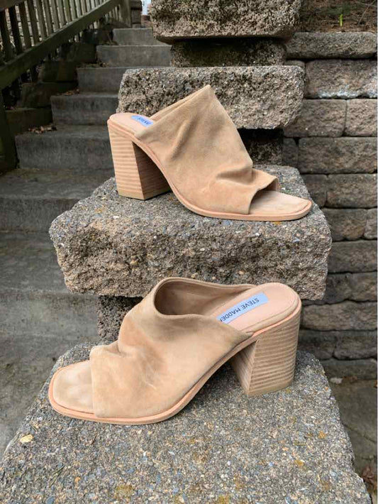 Tan suede open-toe mule with ruched upper and chunky block heel, size 9.5.
