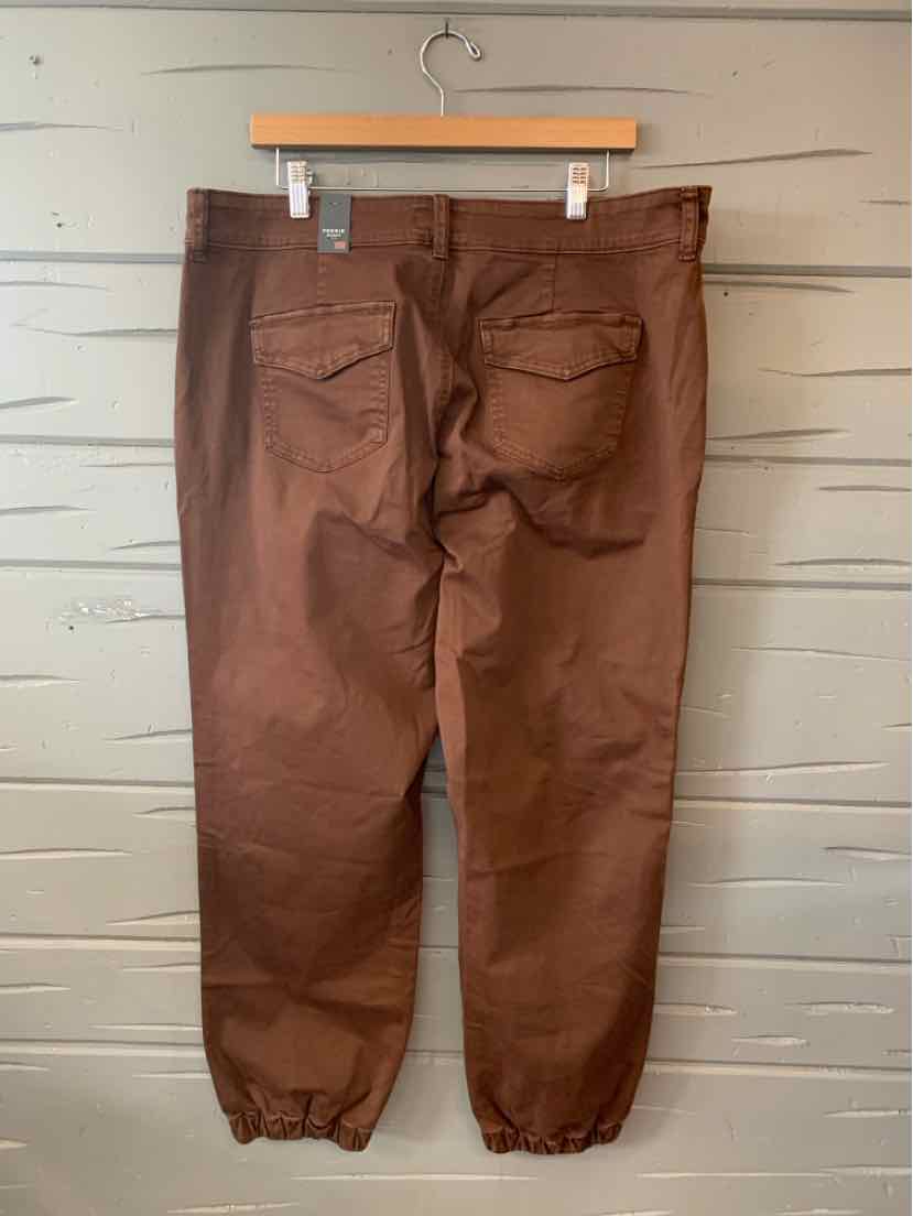 Brown plus-size pants with elastic cuffs and back patch pockets hanging on wooden hanger.