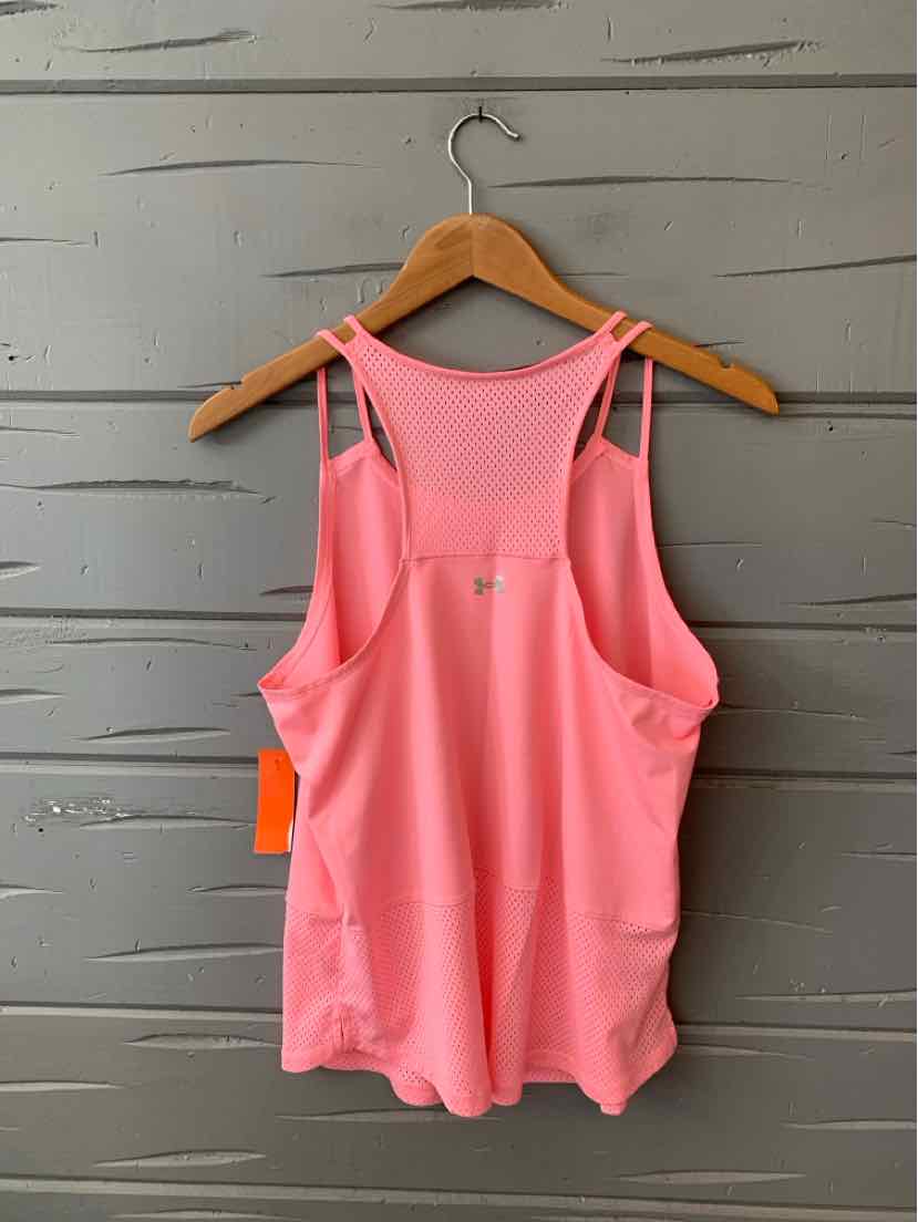 Pink sleeveless athletic tank top with racerback design on wooden hanger.