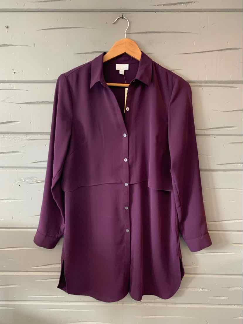 Purple long-sleeve button-up shirt with collar in lightweight fabric, size XS.