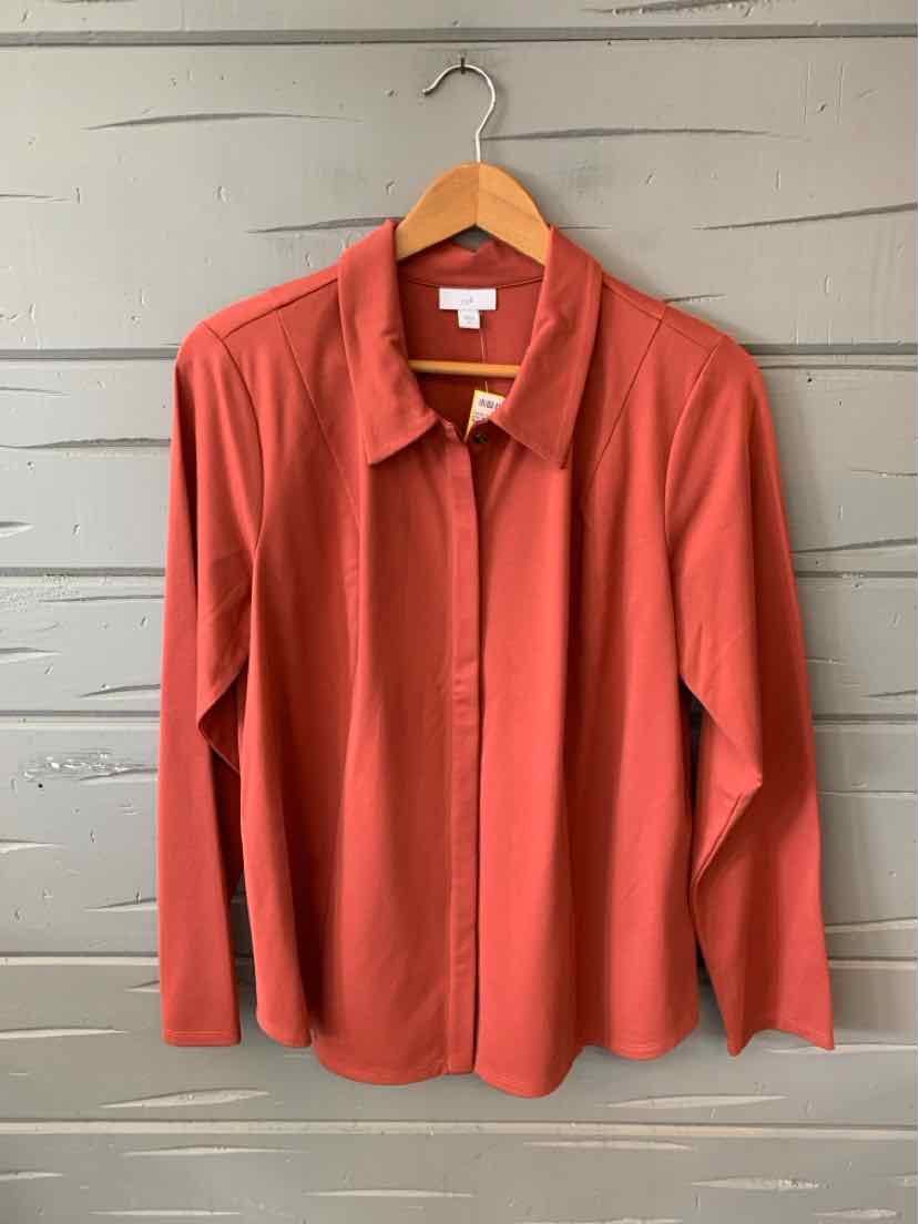 Brick red long-sleeve button-up shirt with collar, smooth fabric, size medium.