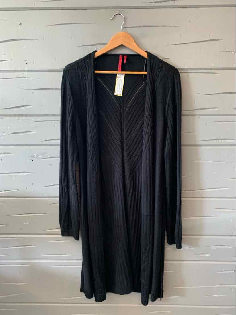 Black open-front long cardigan with ribbed texture and long sleeves in XL size.