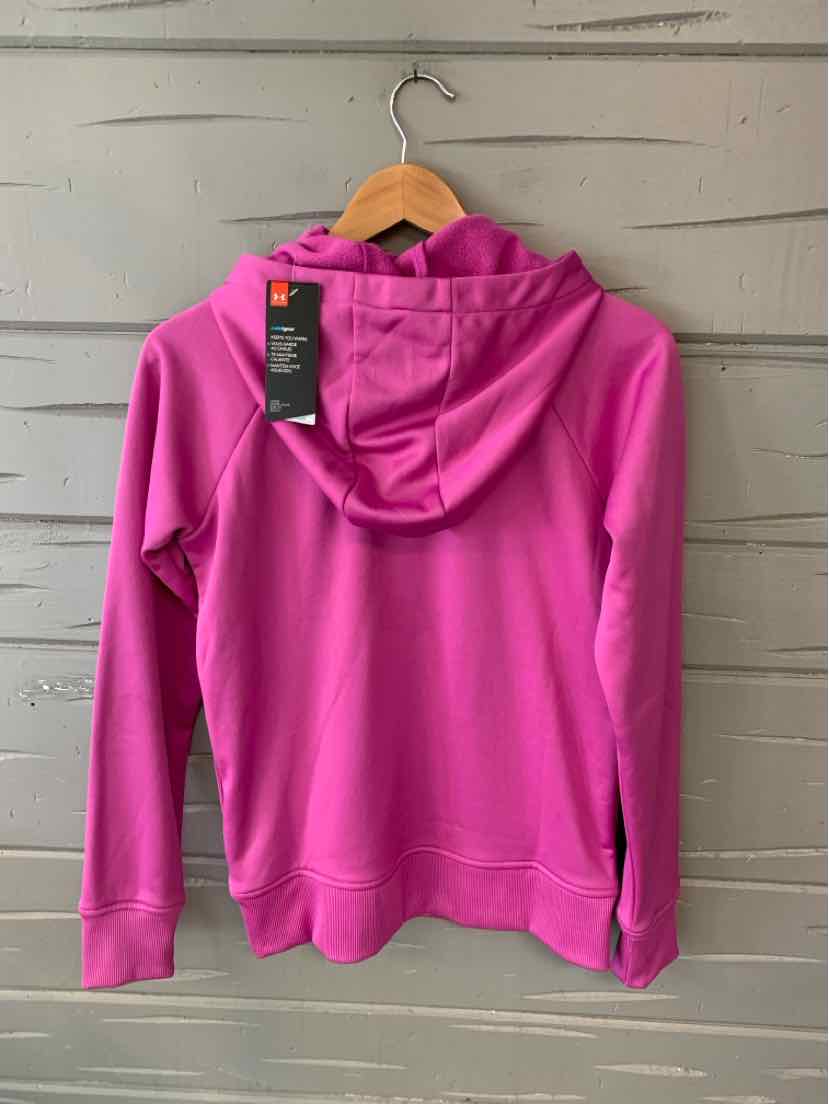 Pink Under Armour women's hoodie with hood and long sleeves, size XS, hanging on wooden hanger.
