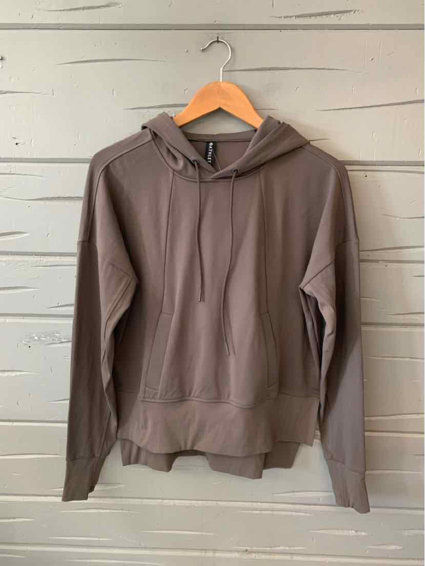 Taupe lightweight hooded sweatshirt with long sleeves and front kangaroo pocket.