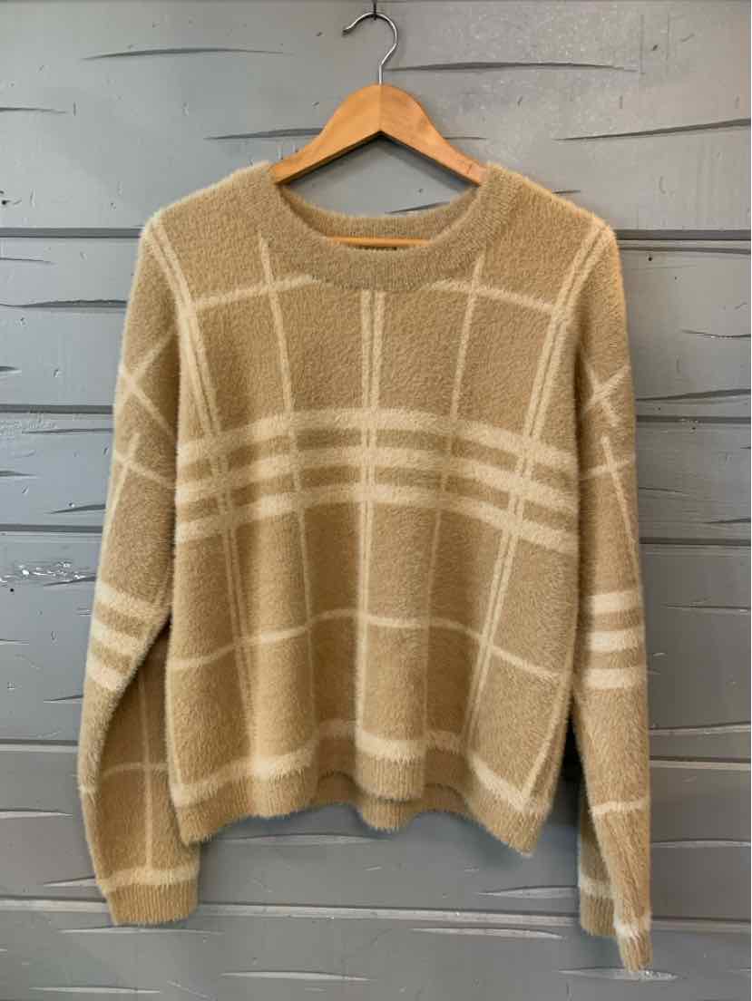 Tan and cream plaid knit sweater with long sleeves and crew neckline, size XL.