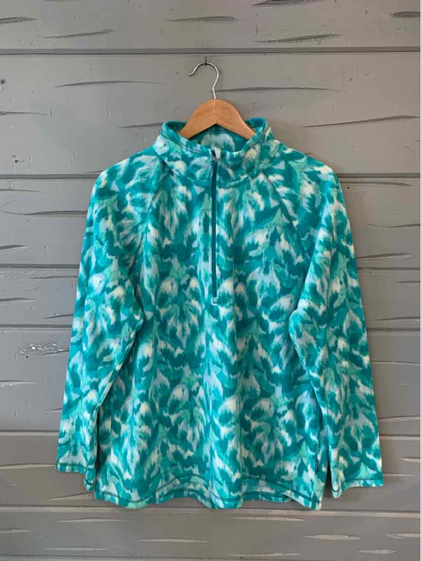 Teal and white patterned lightweight zip-up jacket with long sleeves and stand collar in size XL.
