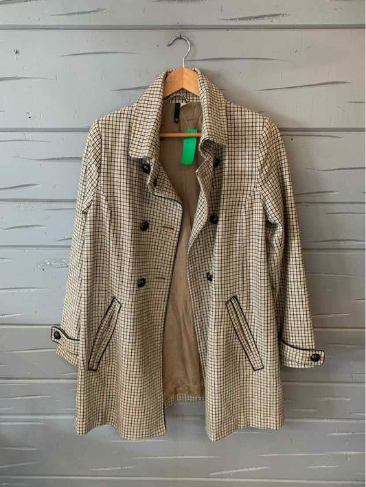 Tan plaid knee-length coat with black buttons and welt pockets, size 12, H&M design.