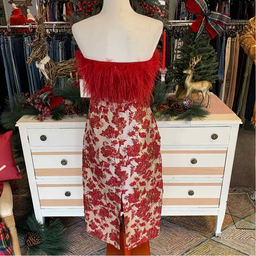 Red strapless jacquard dress with floral pattern and feathery trim at the top, knee-length.