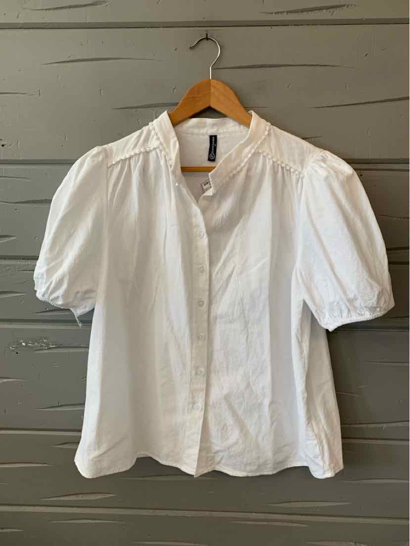White blouse with short puff sleeves, gathered neckline, and button-down front in medium size.