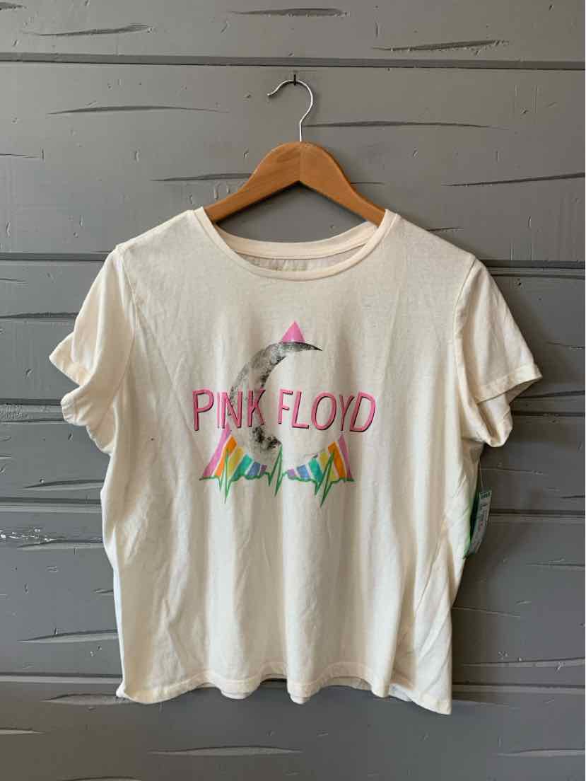 Cream-colored cotton T-shirt with Pink Floyd graphic and colorful geometric design, large size.
