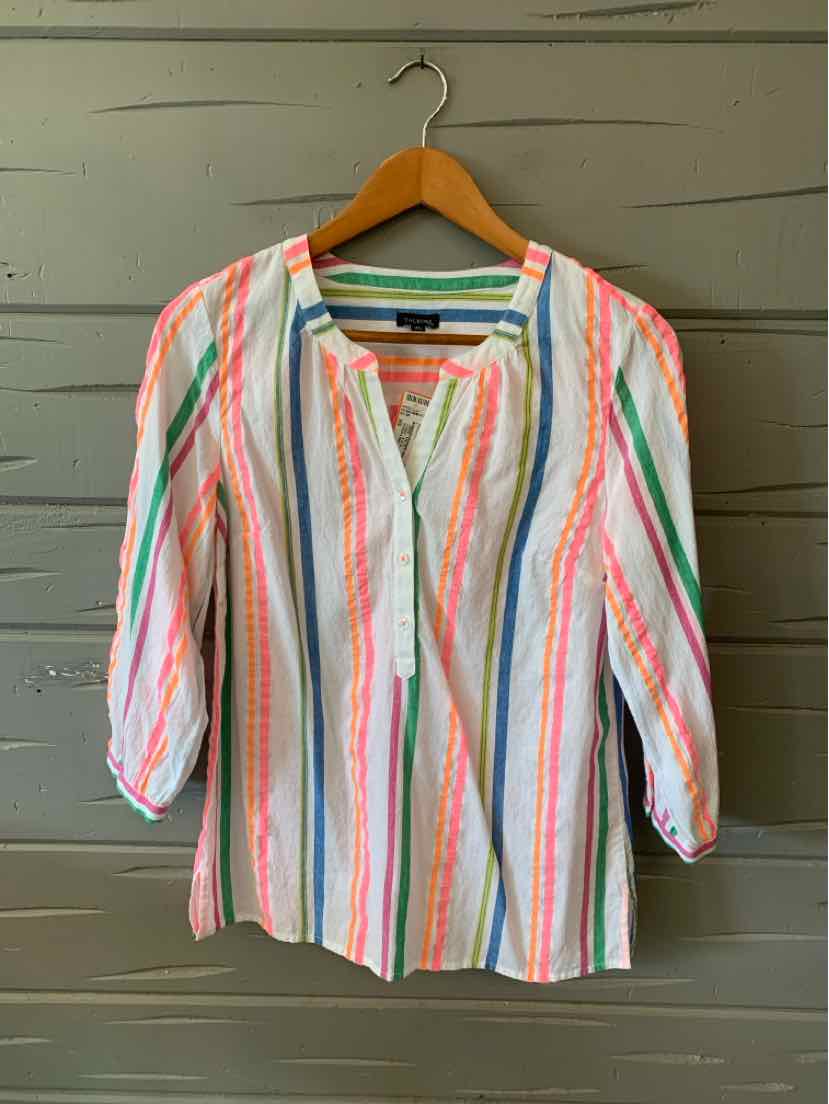 Lightweight blouse with vertical multicolor stripes, V-neckline, and 3/4 sleeves on wooden hanger.