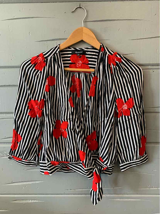 Black and white striped blouse with red floral print, tie front, and three-quarter sleeves in XS size.