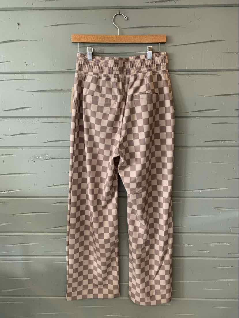Brown and beige checkered pants with a straight-leg cut and button closure.