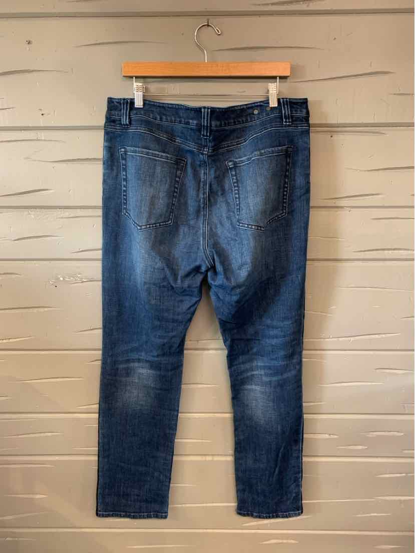 Dark blue denim jeans with classic five-pocket design and straight leg cut, size 14.