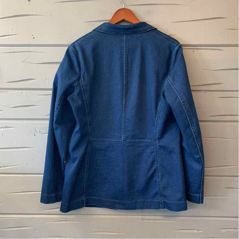 Medium blue denim blazer with long sleeves and structured seams on back.