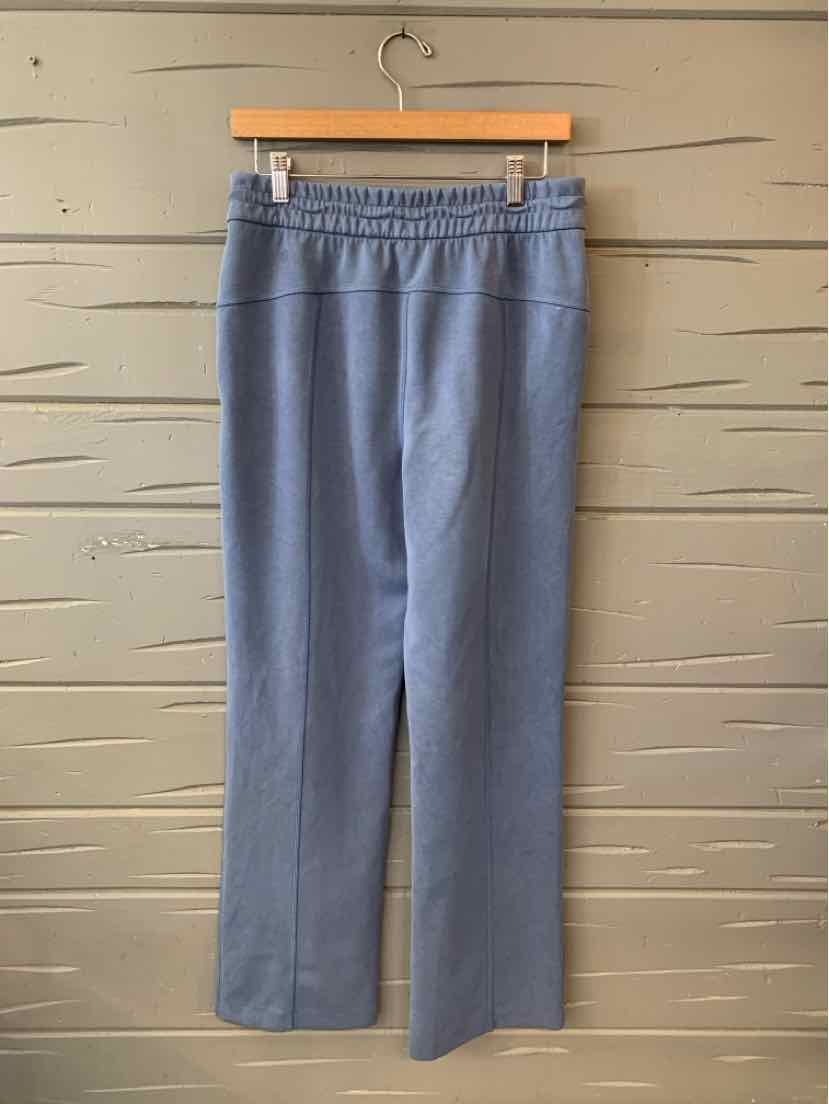 Blue Lululemon casual pants with elastic waistband, straight leg, size 8, hanging on wooden hanger.