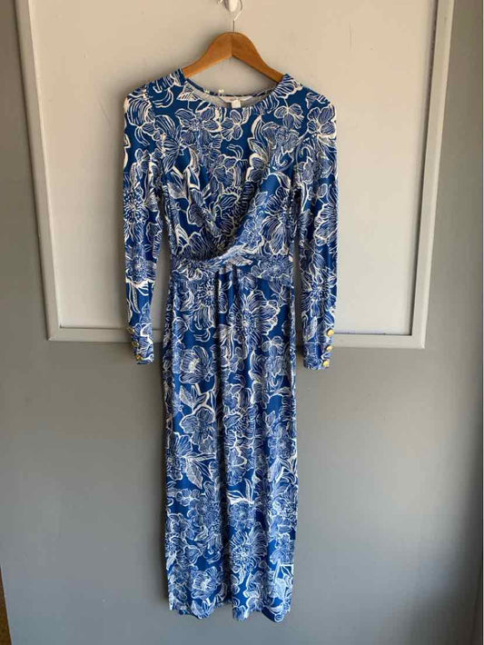 Blue and white long-sleeve maxi dress with floral and paisley print, elastic waist, scoop neckline.