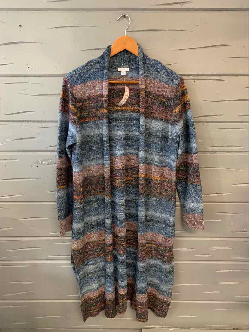 Long open-front cardigan with blue, gray, and brown horizontal stripes, knit texture, size large.