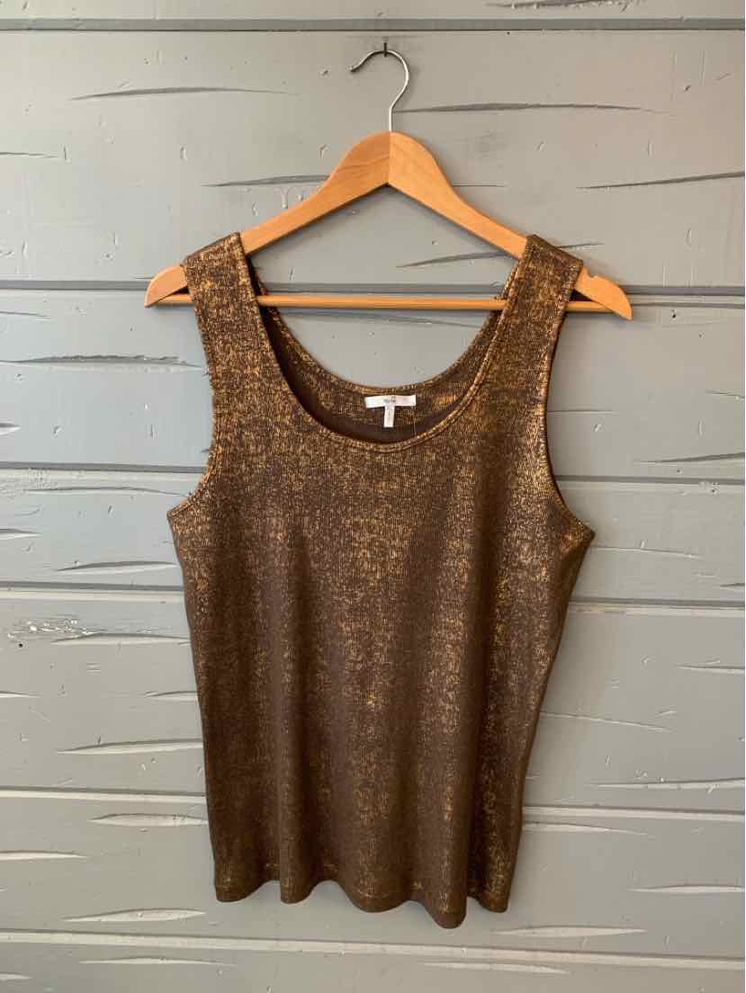 Metallic bronze sleeveless tank top with scoop neckline, size XL, hanging on wooden hanger.