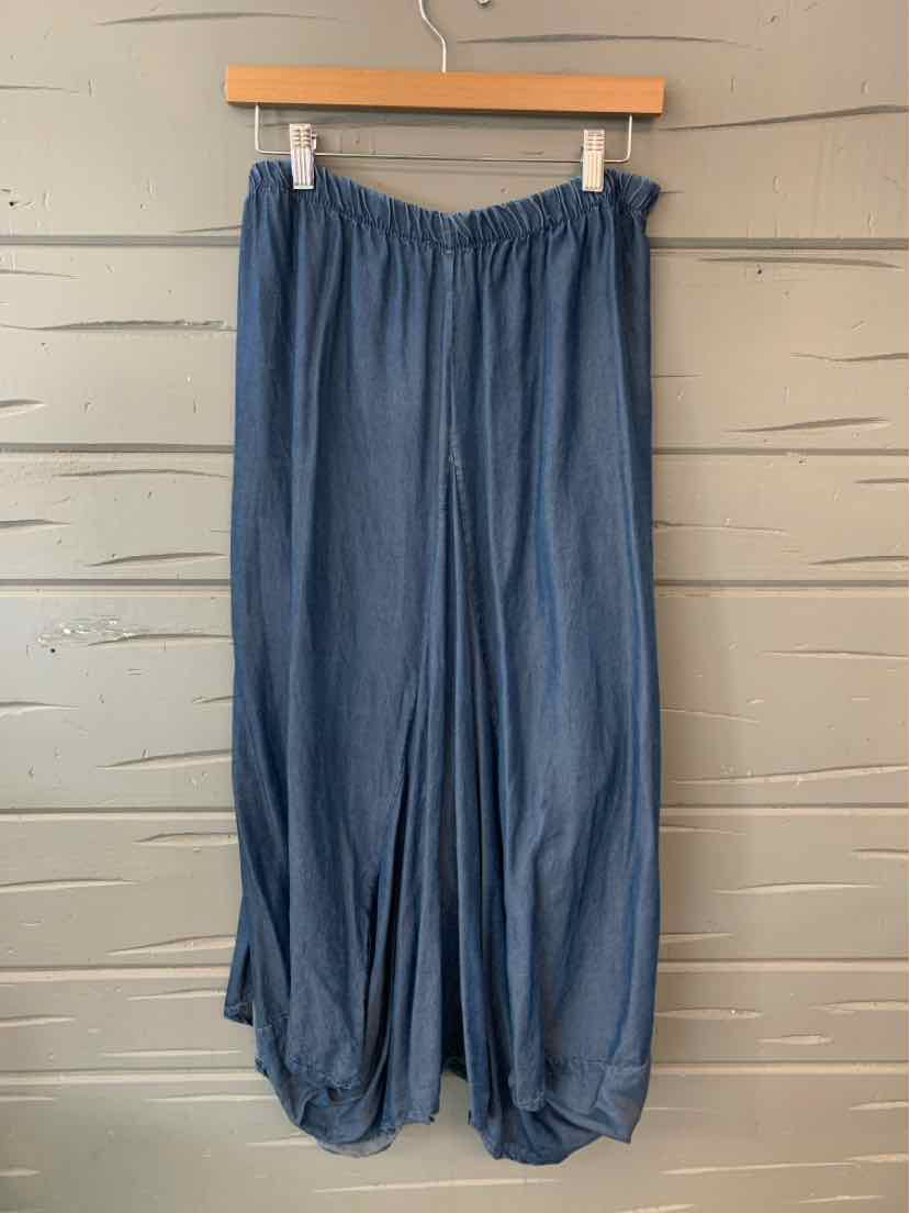 Blue lightweight wide-leg pants with gathered elastic waistband and balloon cuffs.