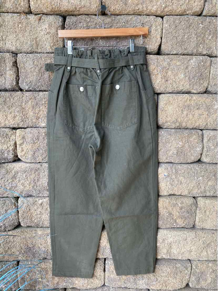 Olive green high-waisted pants with pleated front and tapered legs, belt loops, and button closure.