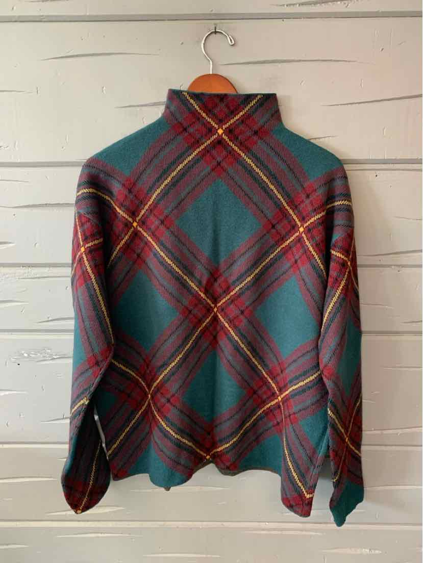 Women’s burgundy and teal plaid Tahari sweater with a collared neckline and long sleeves.