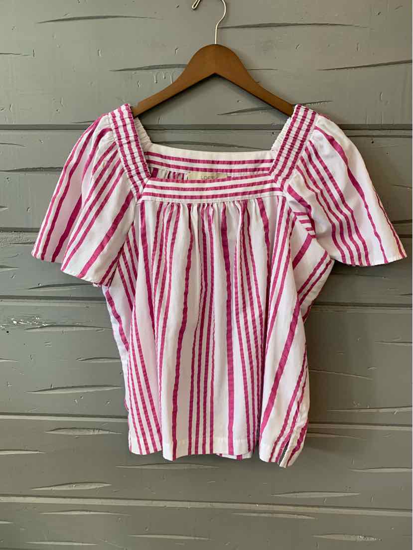 White blouse with vertical pink stripes, square neckline, and short puff sleeves.