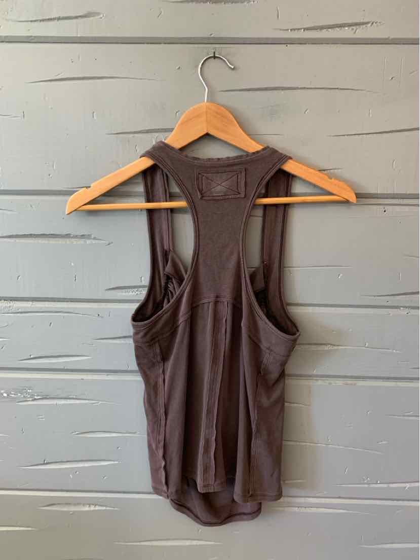 Sleeveless dark brown racerback tank top with soft fabric, medium size.