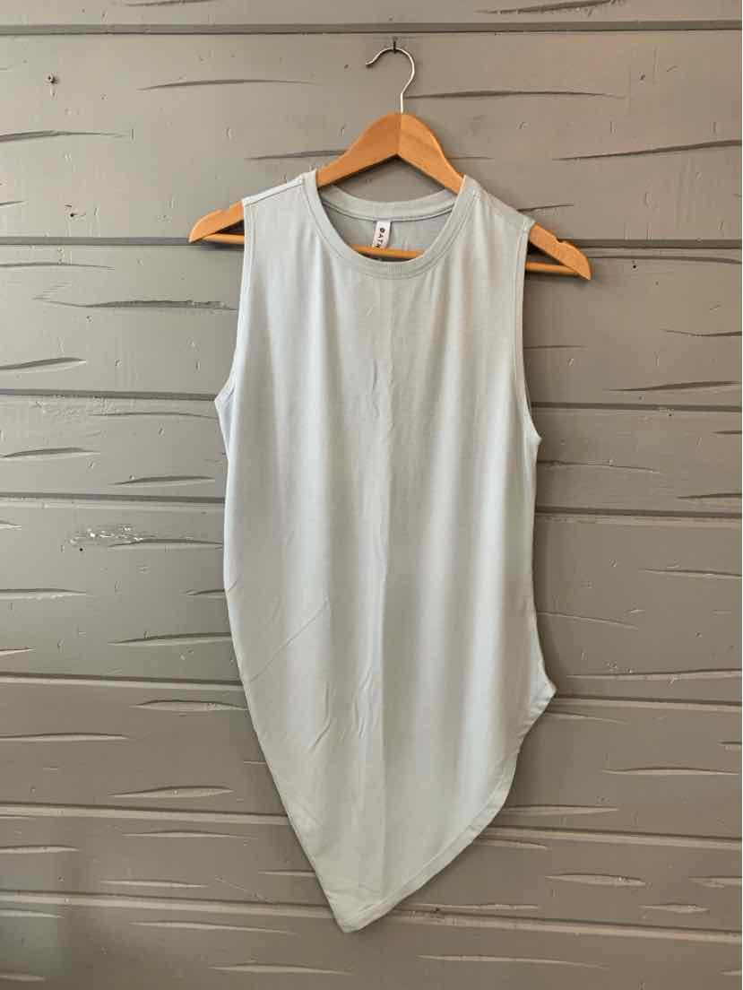 Light blue sleeveless tank top with round neck and curved hem on wooden hanger.