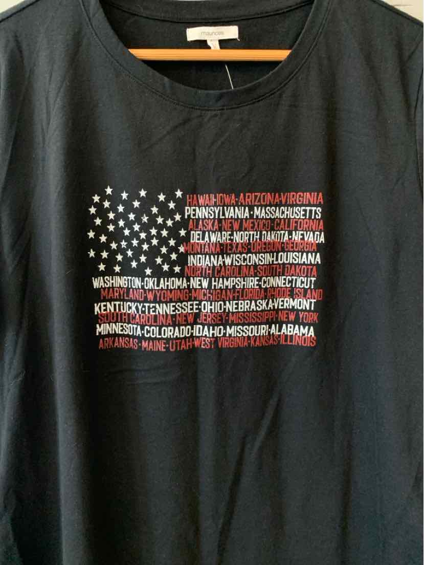 Black short-sleeve t-shirt with a graphic American flag made of white stars and red text listing U.S. state names.
