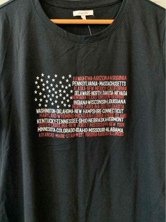 Black short-sleeve t-shirt with a graphic American flag made of white stars and red text listing U.S. state names.