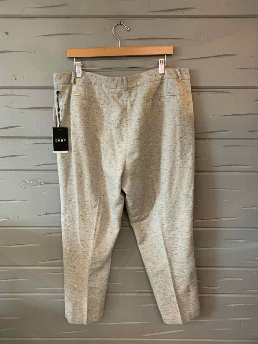 Light gray tweed straight-leg trousers with front pockets and a mid-rise waist, size 16.