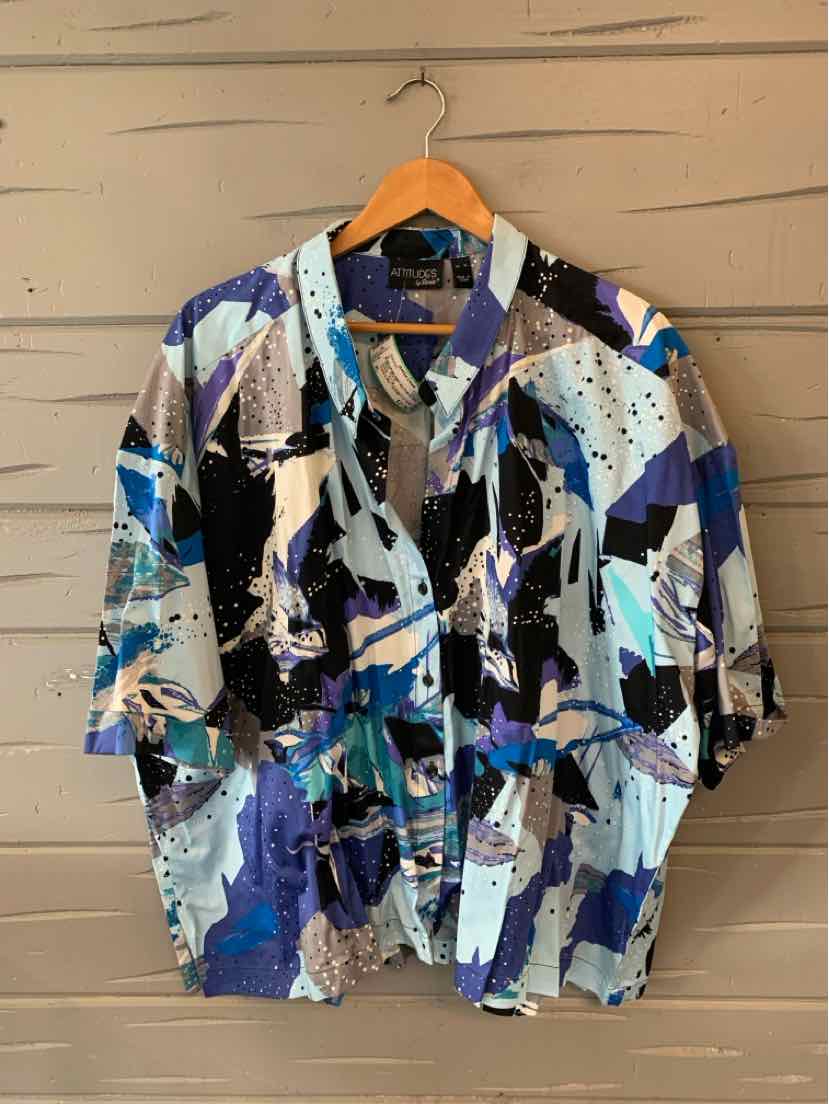Short-sleeve button-up shirt with abstract blue, black, white, and beige pattern in XL size.