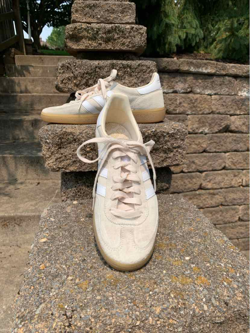 Tan Adidas sneakers in size 9 with suede and mesh upper and gum rubber sole.
