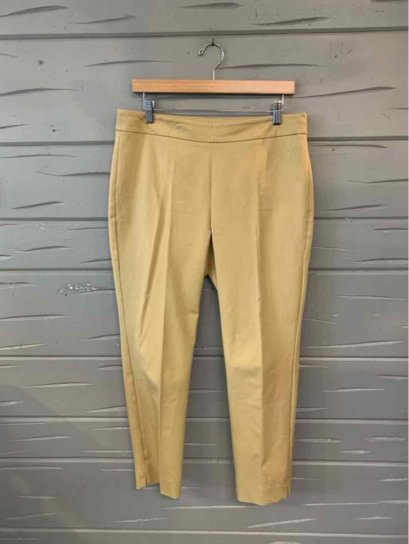 High-waisted tan tapered trousers with front pleats and side pockets, size 10P.